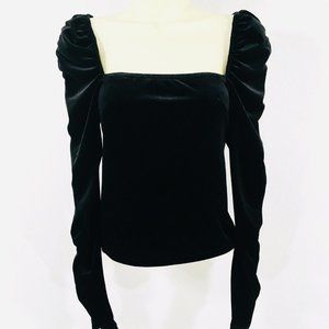 NWT Chelsea & Violet Sz XS Black Velvet Top Square Neckline Long Ruched Sleeves